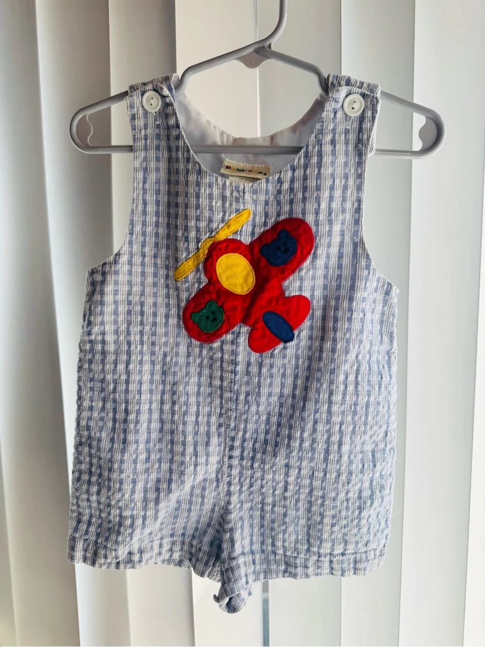 Baby Blue Seersucker Airplane Appliqué One-Piece